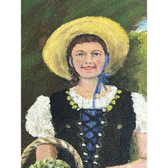 Original Folk Primitive Painting European Girl In Garden Framed & Signed 1958 - Picture 5 of 9